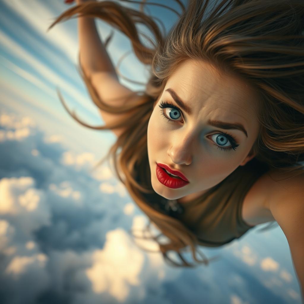 A beautiful woman with striking blue eyes and luscious red lips falling gracefully from a surreal sky