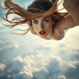 A beautiful woman with striking blue eyes and luscious red lips falling gracefully from a surreal sky