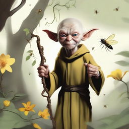 A high-quality digital art image portraying Gollum as a druid with a bee companion