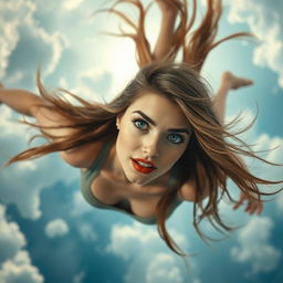 A beautiful woman with striking blue eyes and luscious red lips falling gracefully from a surreal sky