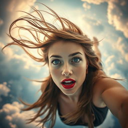 A beautiful woman with striking blue eyes and luscious red lips falling gracefully from a surreal sky