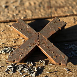 A close-up shot of a broken letter 'X', made of rusty metal with sharp edges and a distressed texture