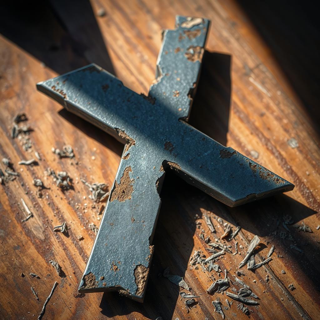 A close-up shot of a broken letter 'X', made of rusty metal with sharp edges and a distressed texture