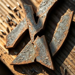 A close-up shot of a broken letter 'X', made of rusty metal with sharp edges and a distressed texture