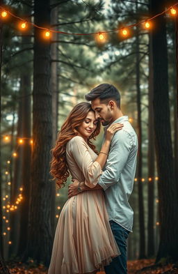 A romantic book cover depicting a couple embracing underneath tall pine trees
