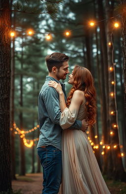 A romantic book cover depicting a couple embracing underneath tall pine trees