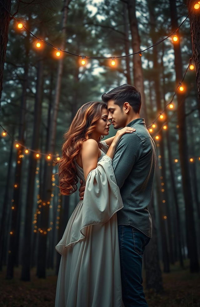 A romantic book cover depicting a couple embracing underneath tall pine trees