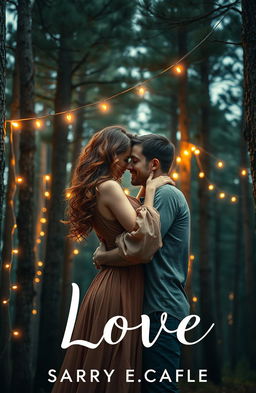 A romantic book cover depicting a couple embracing underneath tall pine trees