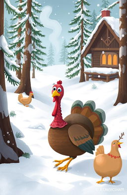 A whimsical scene depicting a turkey searching for a lost chicken in a snowy forest