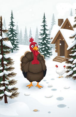 A whimsical scene depicting a turkey searching for a lost chicken in a snowy forest