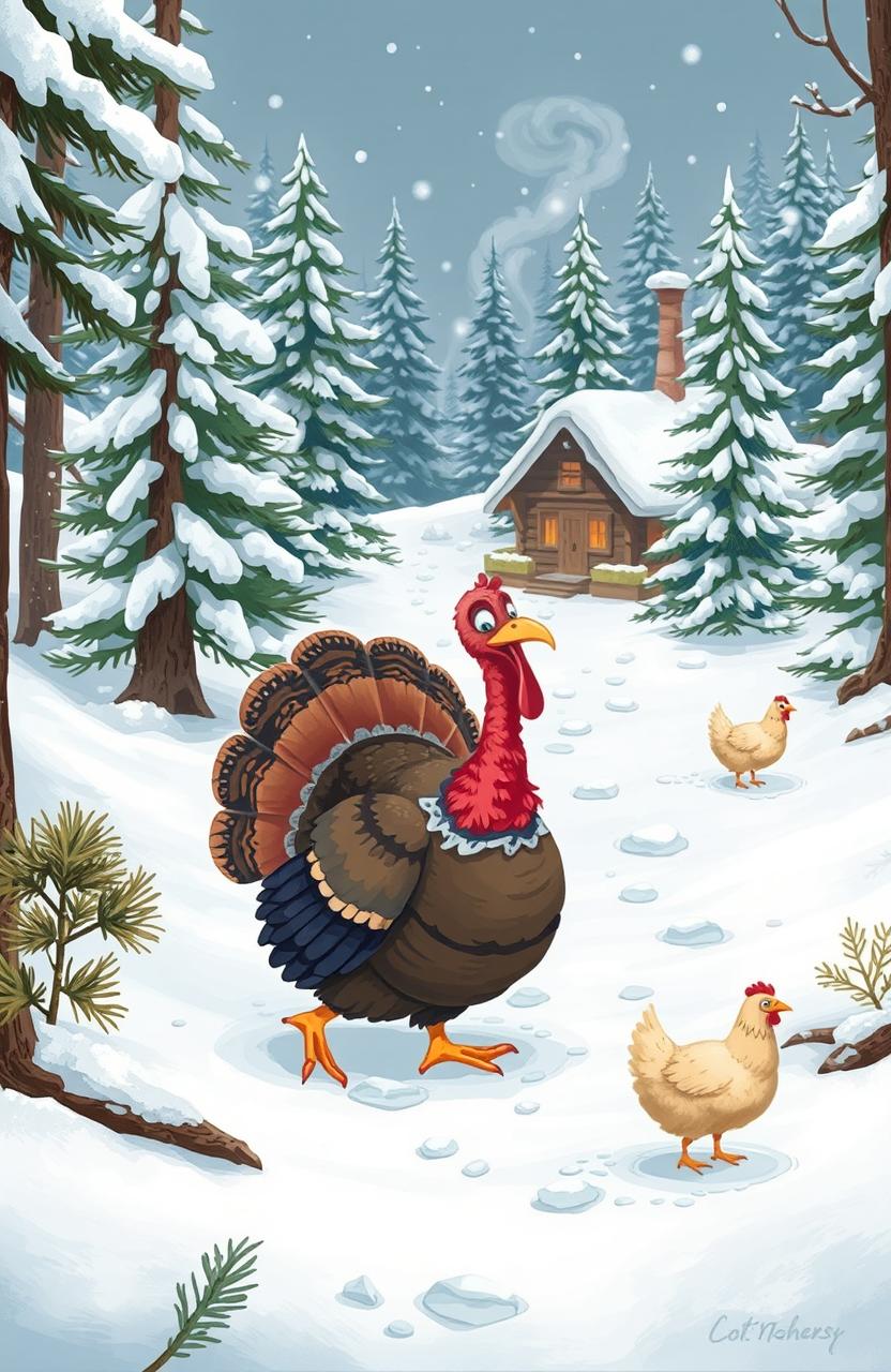 A whimsical scene depicting a turkey searching for a lost chicken in a snowy forest