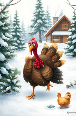 A whimsical scene depicting a turkey searching for a lost chicken in a snowy forest