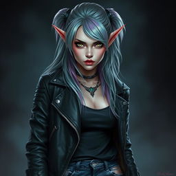 A portrait of a female eladrin warlock set in a horror-themed background