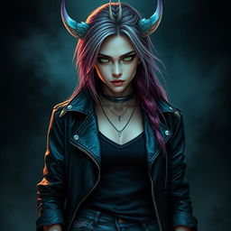 A portrait of a female eladrin warlock set in a horror-themed background