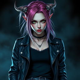 A portrait of a female eladrin warlock set in a horror-themed background