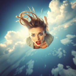 A beautiful woman with striking blue eyes and vibrant red lips, suspended in mid-air as if falling from the sky, her expression reflecting a mix of surprise and fear