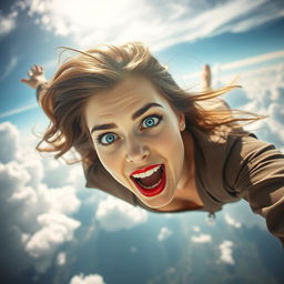 A beautiful woman with striking blue eyes and vibrant red lips, suspended in mid-air as if falling from the sky, her expression reflecting a mix of surprise and fear