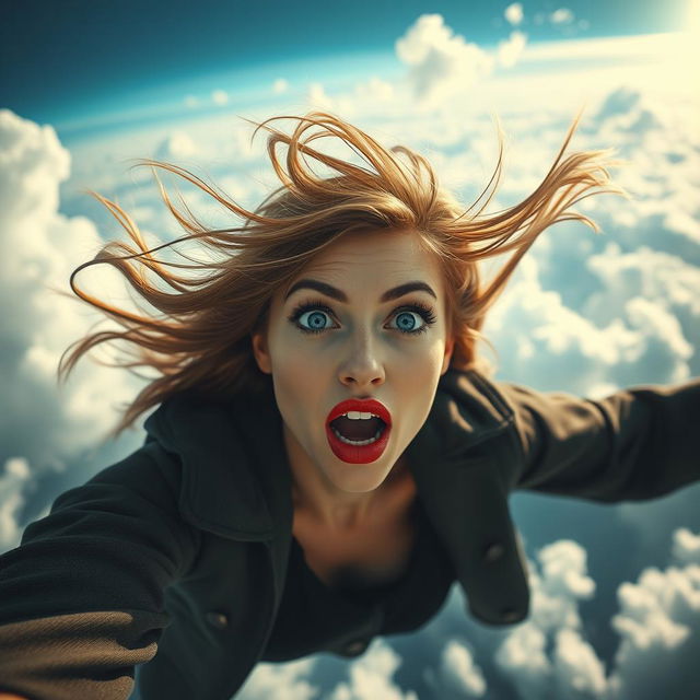 A beautiful woman with striking blue eyes and vibrant red lips, suspended in mid-air as if falling from the sky, her expression reflecting a mix of surprise and fear