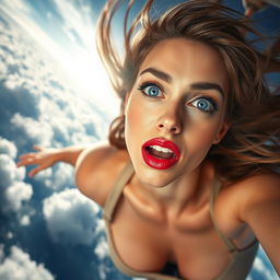 A beautiful woman with striking blue eyes and vibrant red lips, suspended in mid-air as if falling from the sky, her expression reflecting a mix of surprise and fear