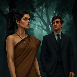 A scene depicting a woman wearing a simple, earth-toned sari