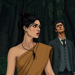 A scene depicting a woman wearing a simple, earth-toned sari