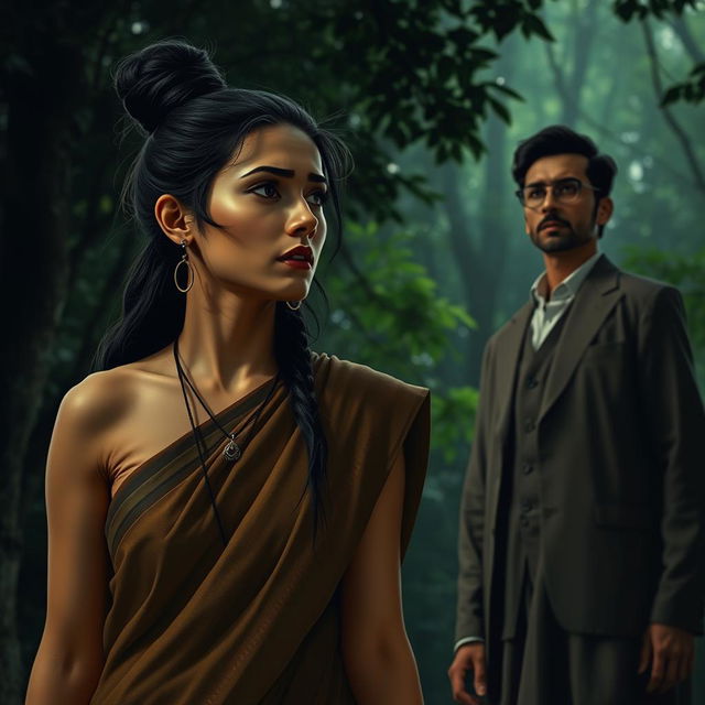A scene depicting a woman wearing a simple, earth-toned sari
