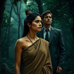 A scene depicting a woman wearing a simple, earth-toned sari