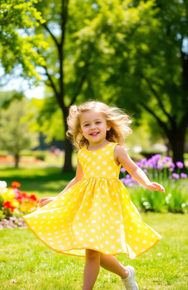 A cheerful young girl enjoying a sunny day in a vibrant park, with lush green trees and colorful flowers surrounding her