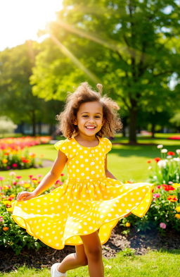 A cheerful young girl enjoying a sunny day in a vibrant park, with lush green trees and colorful flowers surrounding her