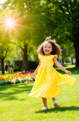A cheerful young girl enjoying a sunny day in a vibrant park, with lush green trees and colorful flowers surrounding her