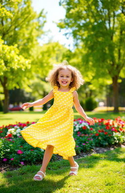 A cheerful young girl enjoying a sunny day in a vibrant park, with lush green trees and colorful flowers surrounding her
