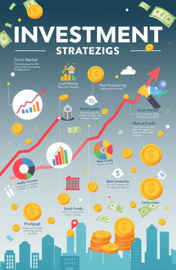 An artistic and informative visualization of various investment strategies, depicting concepts like stock market investing, real estate investment, mutual funds, and cryptocurrency trading