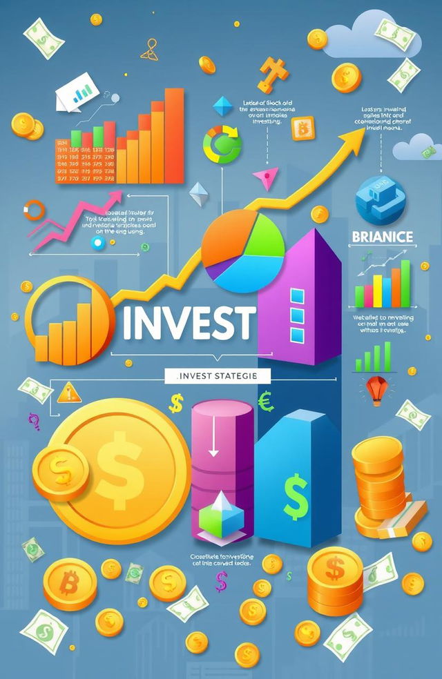 An artistic and informative visualization of various investment strategies, depicting concepts like stock market investing, real estate investment, mutual funds, and cryptocurrency trading