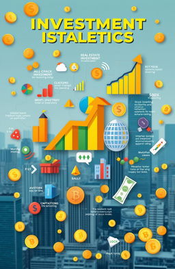 An artistic and informative visualization of various investment strategies, depicting concepts like stock market investing, real estate investment, mutual funds, and cryptocurrency trading
