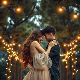 A beautifully crafted romantic book cover featuring a couple lovingly embracing under a canopy of tall pine trees
