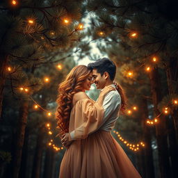 A beautifully crafted romantic book cover featuring a couple lovingly embracing under a canopy of tall pine trees