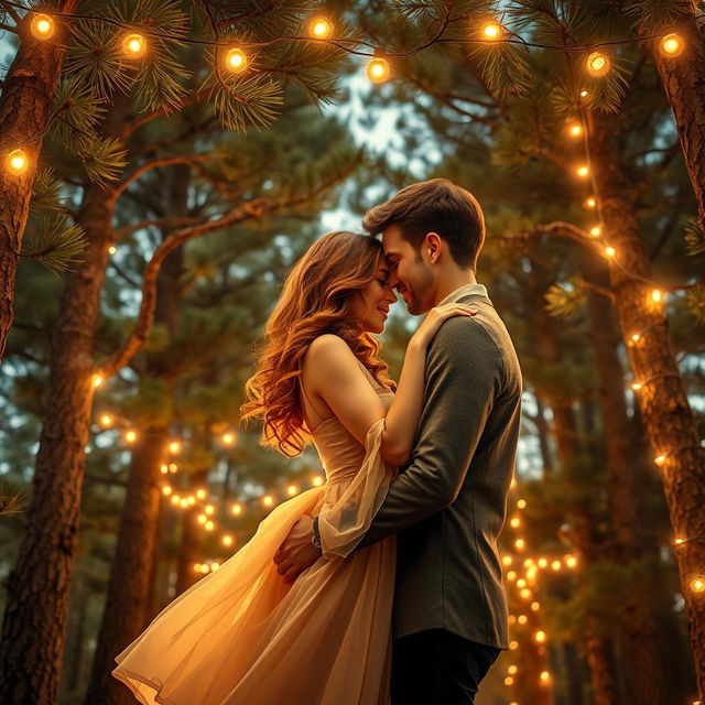 A beautifully crafted romantic book cover featuring a couple lovingly embracing under a canopy of tall pine trees