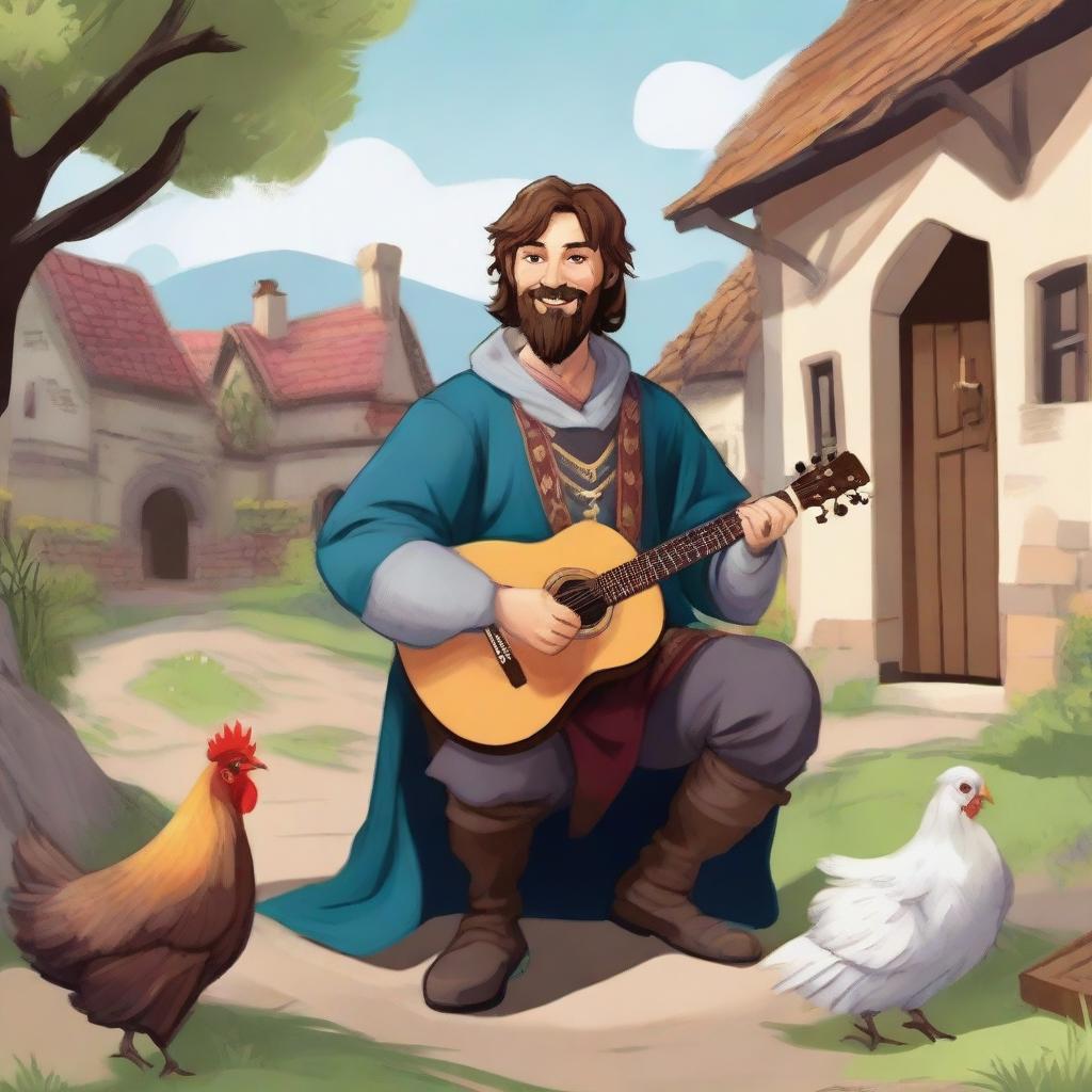 A vibrant, high-quality illustration depicts a dirty vagrant bard in a medieval village