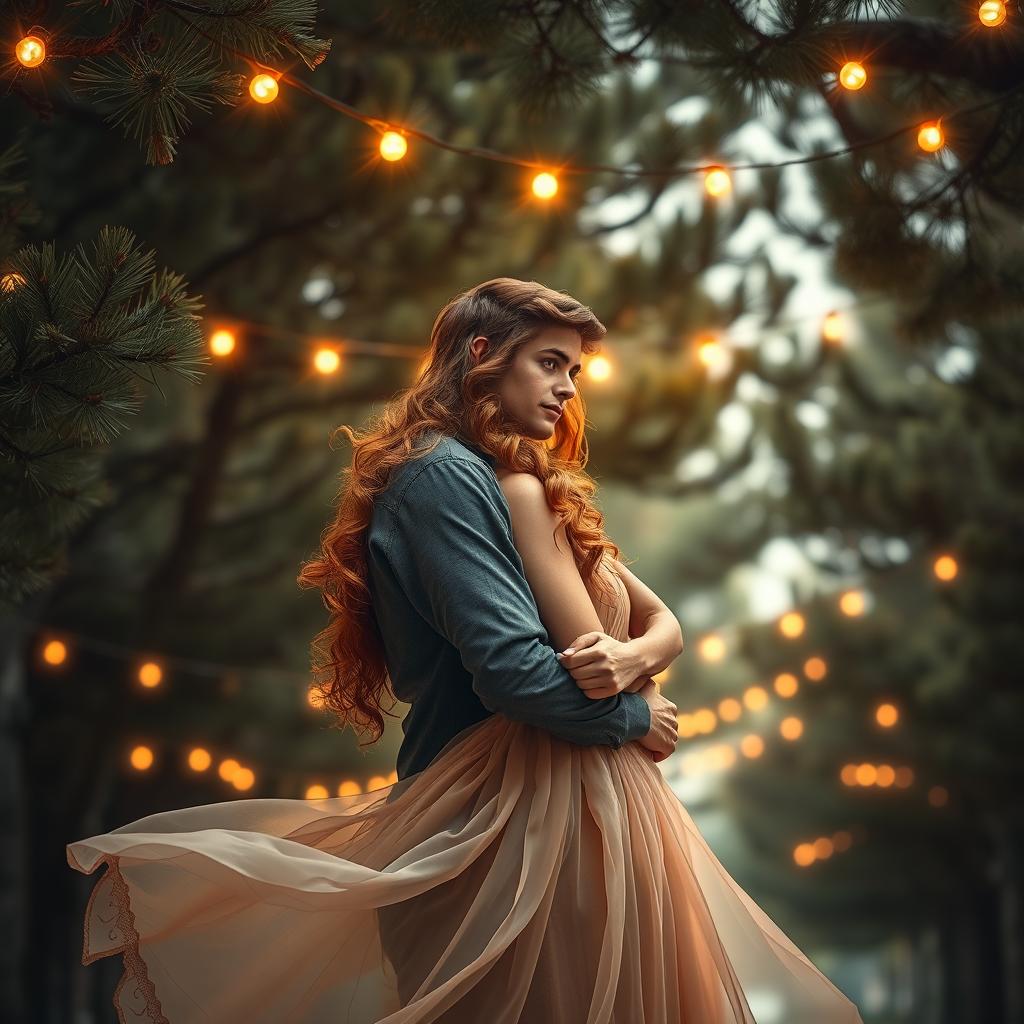 A beautifully crafted romantic book cover featuring a couple lovingly embracing under a canopy of tall pine trees
