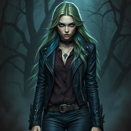 A female eladrin warlock depicted in a horror setting, showcasing her ethereal features and otherworldly grace