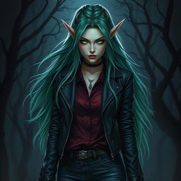 A female eladrin warlock depicted in a horror setting, showcasing her ethereal features and otherworldly grace