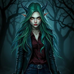 A female eladrin warlock depicted in a horror setting, showcasing her ethereal features and otherworldly grace