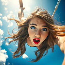 A stunningly beautiful woman with striking blue eyes and vibrant red lips, her long hair flowing as she falls gracefully from the sky