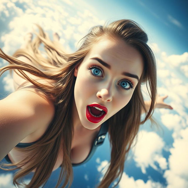 A stunningly beautiful woman with striking blue eyes and vibrant red lips, her long hair flowing as she falls gracefully from the sky