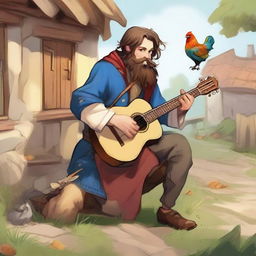 A vibrant, high-quality illustration depicts a dirty vagrant bard in a medieval village