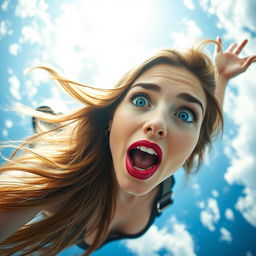 A stunningly beautiful woman with striking blue eyes and vibrant red lips, her long hair flowing as she falls gracefully from the sky