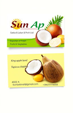 A professional and modern business card design for Sun Apple Lanka Pvt Ltd, an exporter of fresh fruits and vegetables