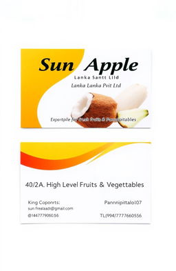 A professional and modern business card design for Sun Apple Lanka Pvt Ltd, an exporter of fresh fruits and vegetables