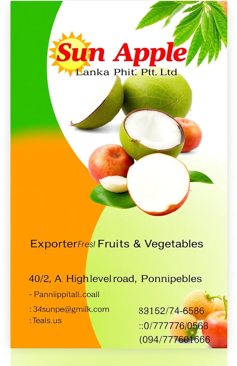 A professional and modern business card design for Sun Apple Lanka Pvt Ltd, an exporter of fresh fruits and vegetables