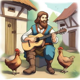 A vibrant, high-quality illustration depicts a dirty vagrant bard in a medieval village